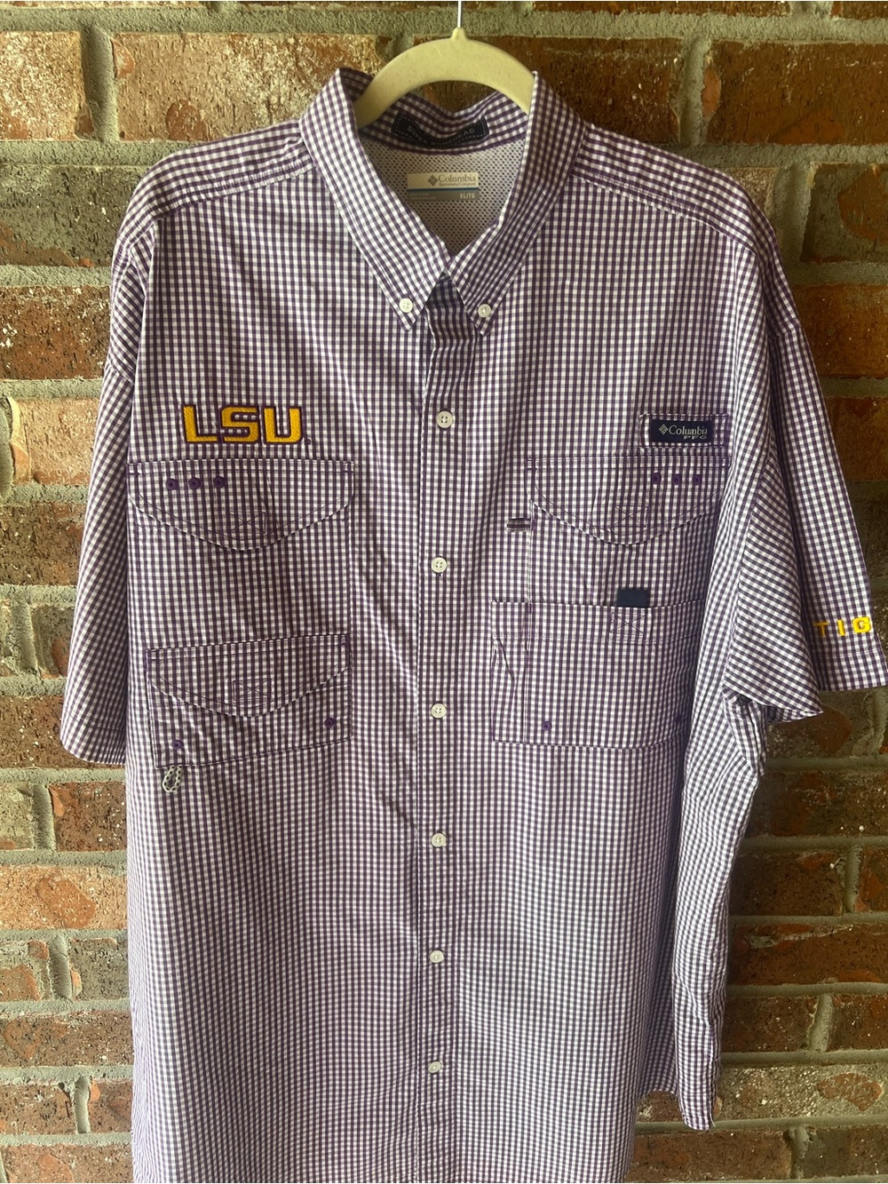 Columbia Men’s LSU Purple Check Short-Sleeve Button-Down Shirt - X-Large